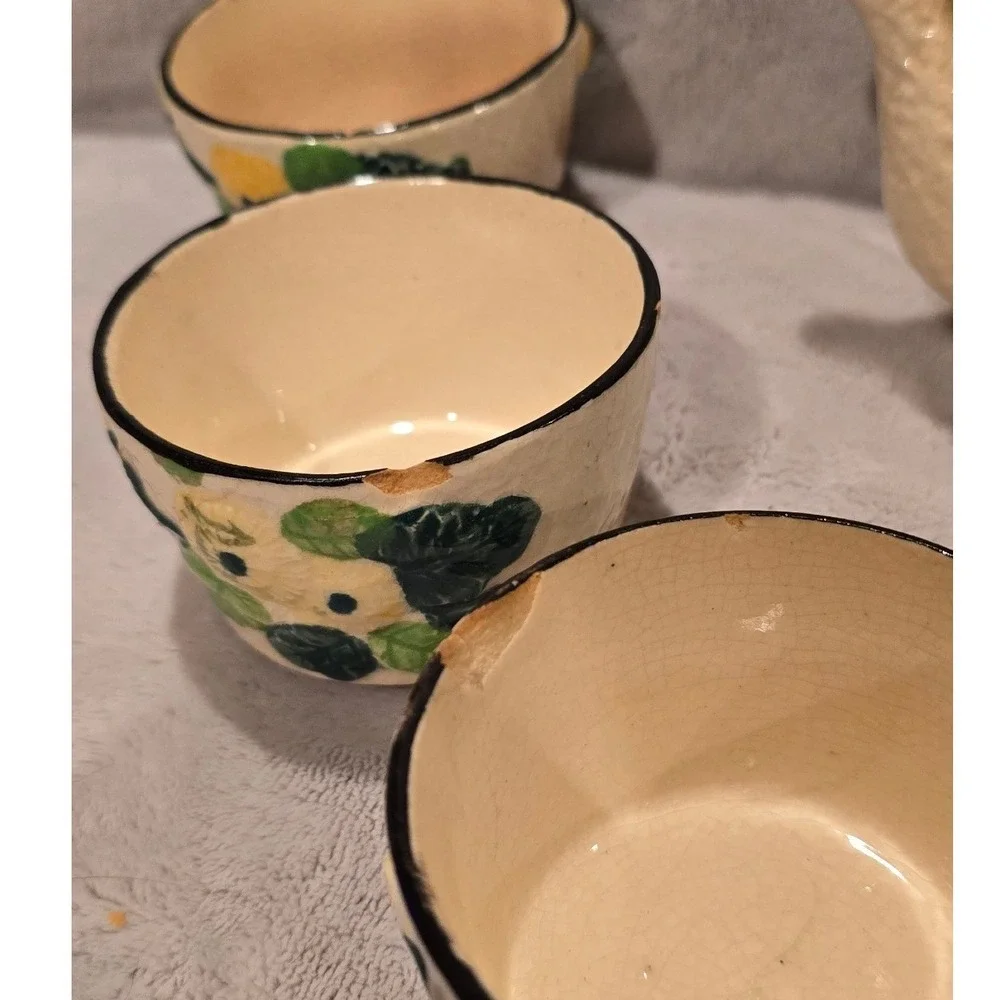 Vintage Made in Japan Floral Ceramic Tea Set Teapot 6 Cups Wicker Handle Cream